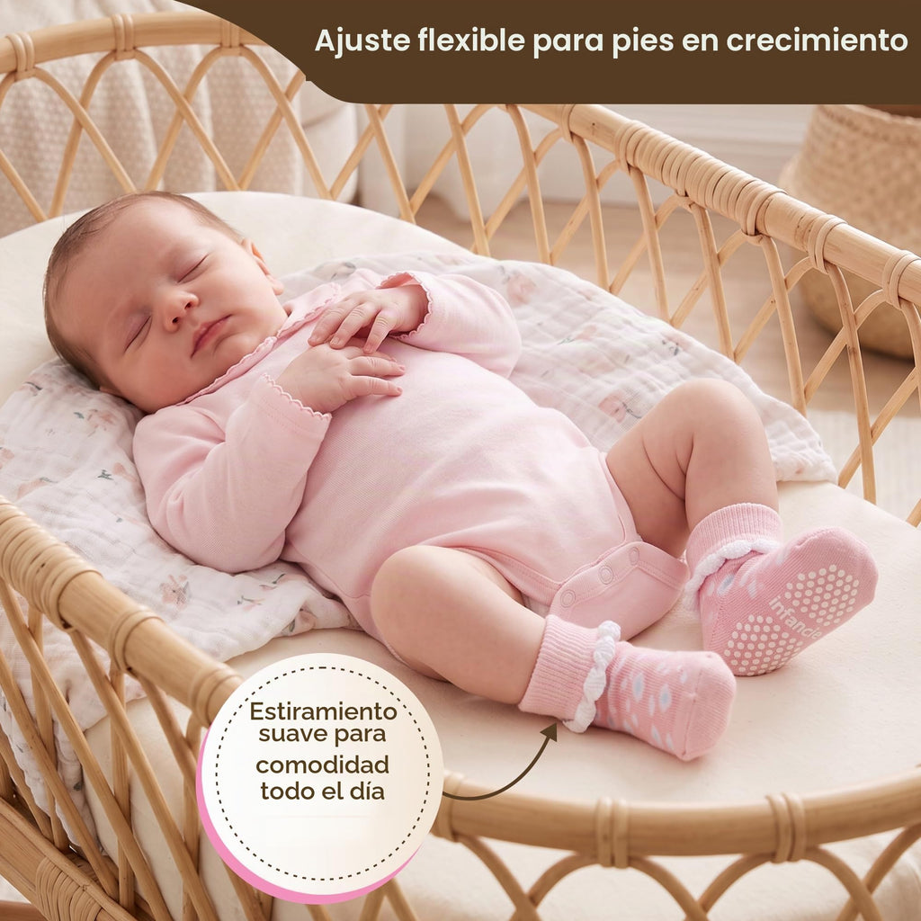 infancie | Calcetines Bebé Niña Pack 12 Algodón Orgánico GOTS Antideslizante Estampados Rosa 0-12 Meses