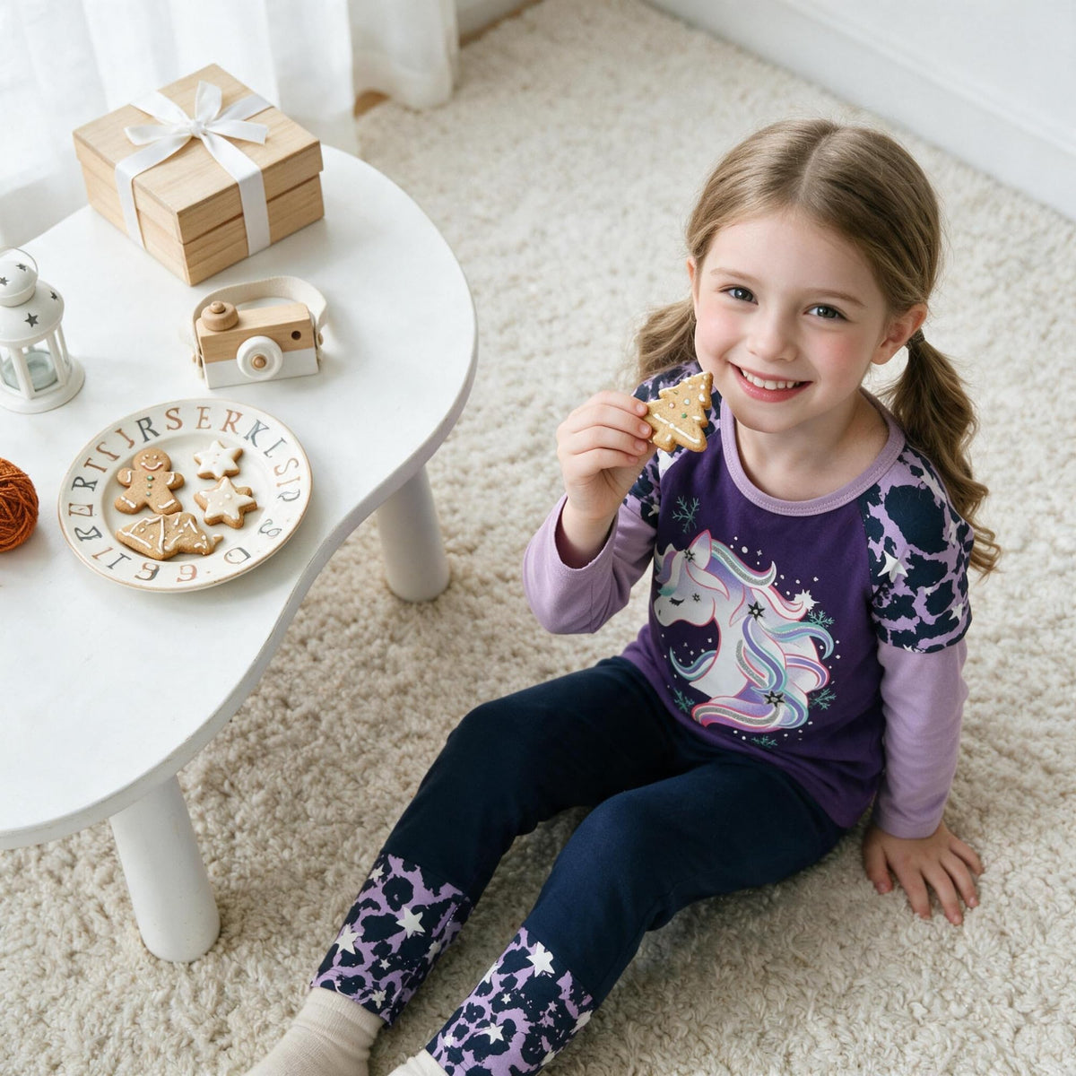 Top de Manga Larga con Unicornio Invernal para Niñas – Morado con Mangas Lila Estampadas, Algodón (2-12 Años )