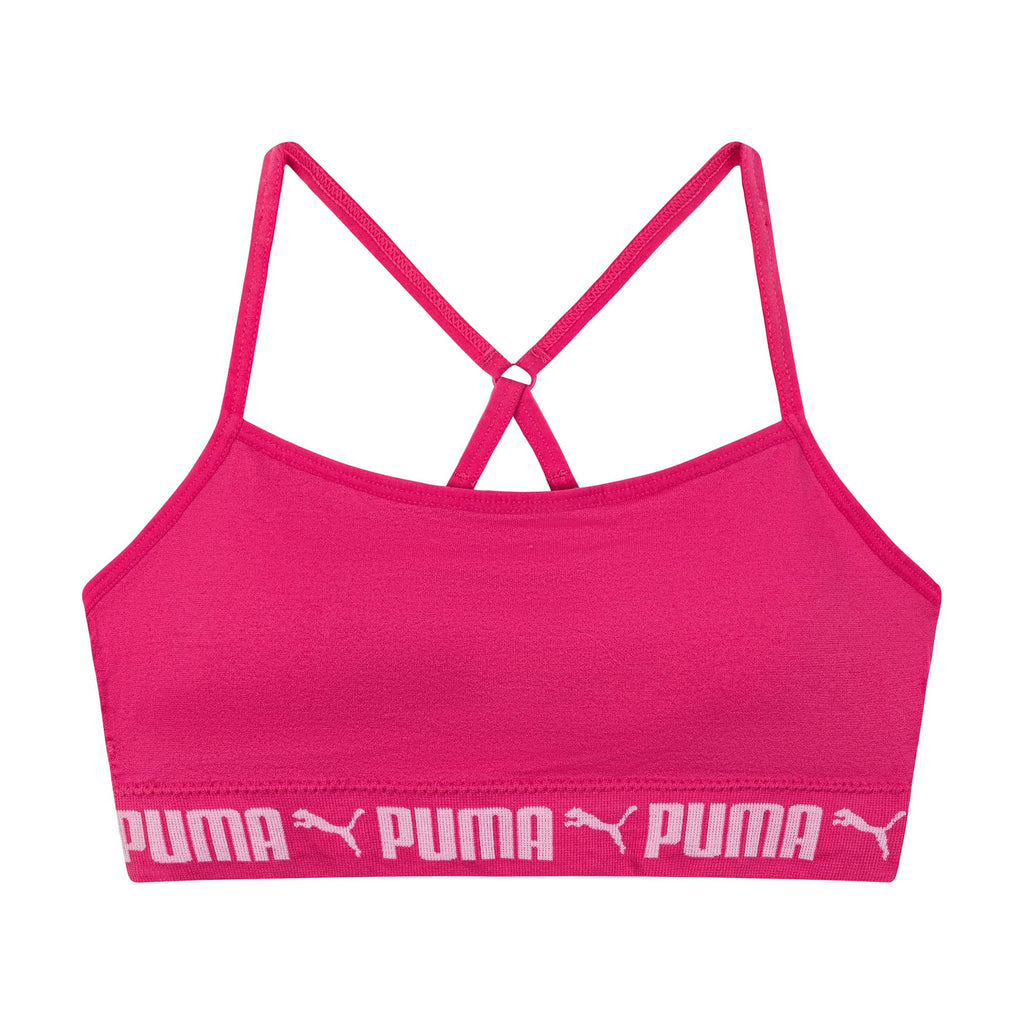 PUMA | Bralette Nina Pack 2 | 94% Nailon 6% Licra | Sin Costuras | Correas Espagueti Ajustables | Galletas Removibles | Cherry Blossom Tinte Espacial + Magenta (Solo 6 - 7T)