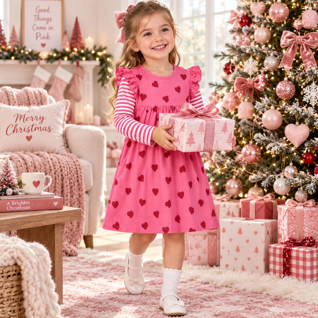 Vestido Niña | Algodón + All-Over Corazones Rojos + Manga Flutter Rayas Fucsia/Blanco + Bolsillos | Fucsia (3T - 8T)