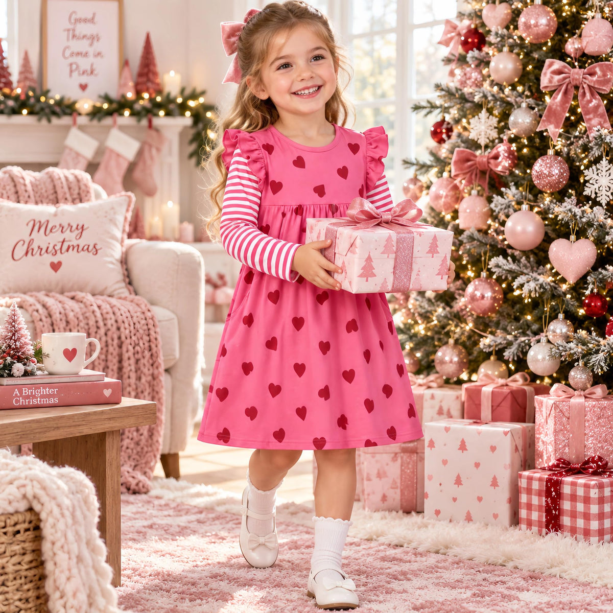 Vestido Niña | Algodón + All-Over Corazones Rojos + Manga Flutter Rayas Fucsia/Blanco + Bolsillos | Fucsia (3T - 8T)