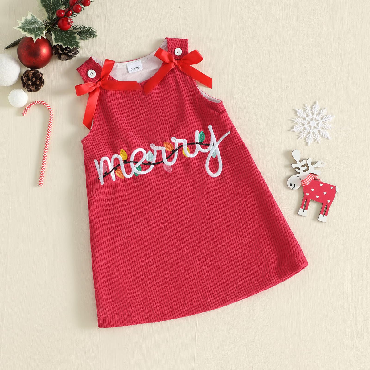 Merry Lights Red Girl | Vestido Pana Roja Niña — Sin Mangas + Cuello V Rojo + Bordado “merry” + Luces Navideñas + Lazos Rojos