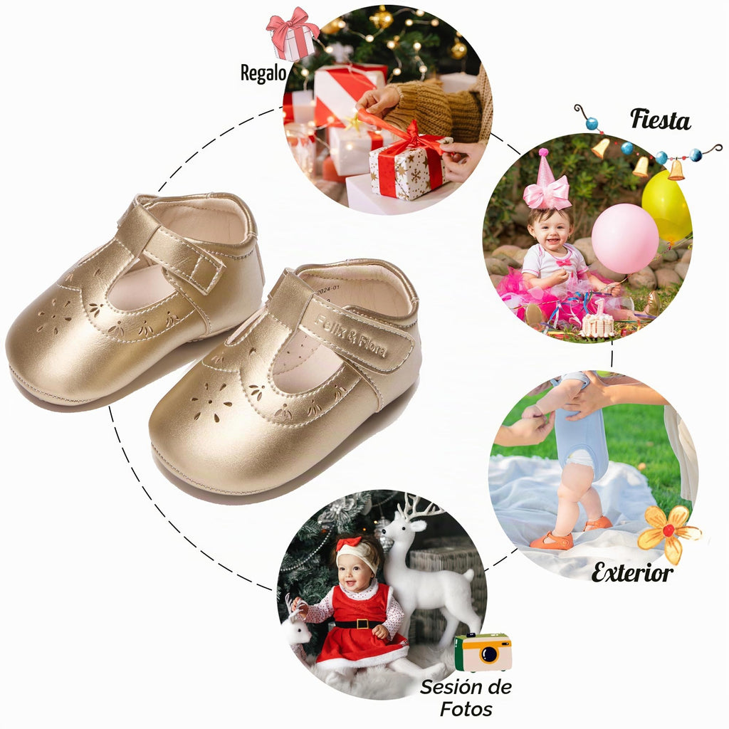Zapatos de Vestir Estilo T-Strap Antideslizantes de Suela Suave para Bebé (Oro) – Félix & Flora