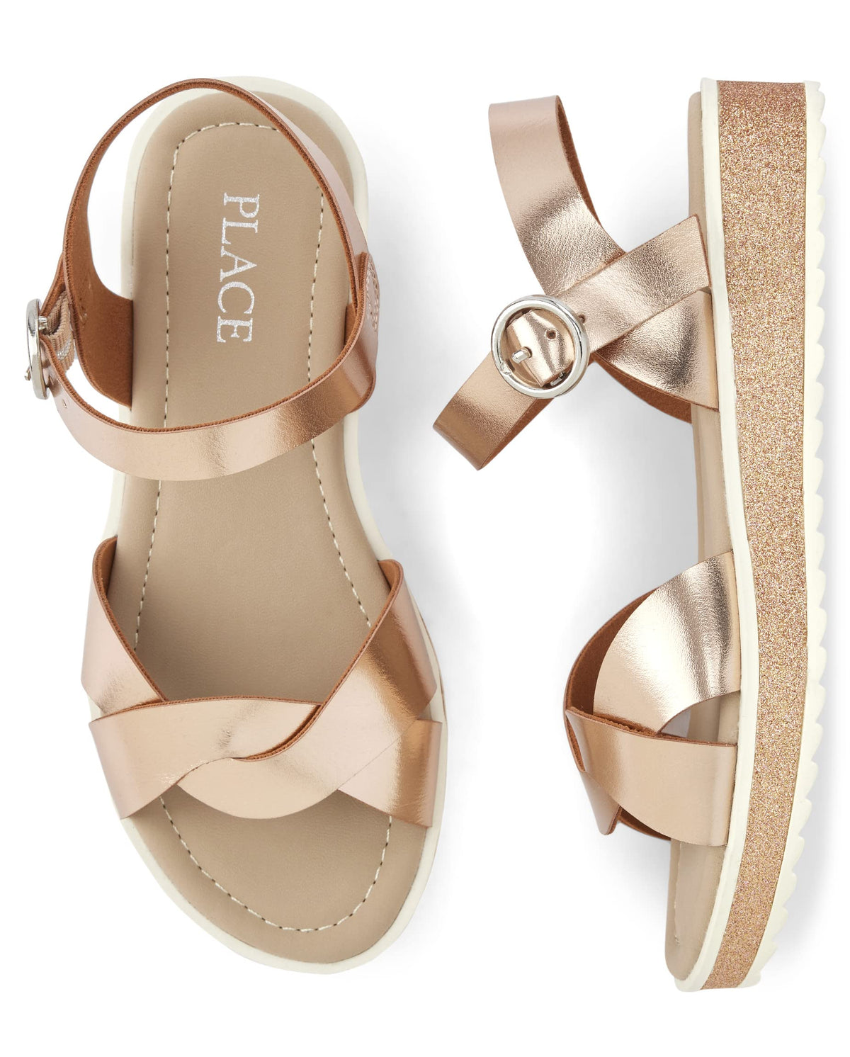 The Children's Place - Sandalias de Plataforma con Correa de Tobillo Ajustable y Detalles de Purpurina para Niñas (Oro Rosa)(Talla 29 - 36)