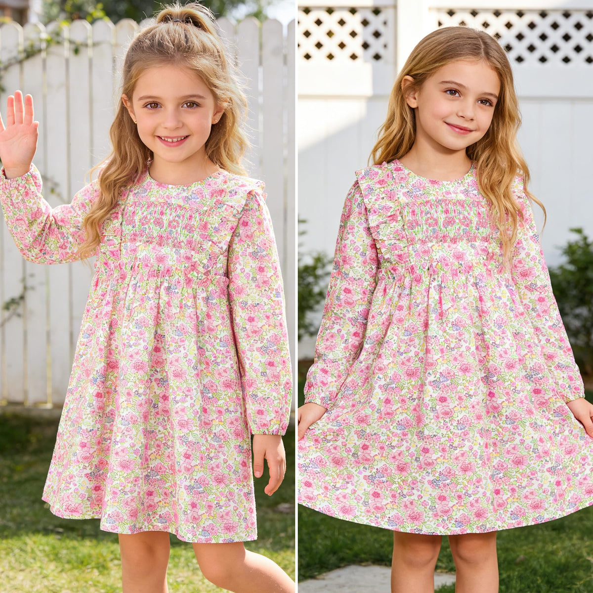Vestido de Manga Larga 100% Algodón con Nido de Abeja, Volantes en los Hombros y Estampado Floral Rosa para Niña (12M - 8T)