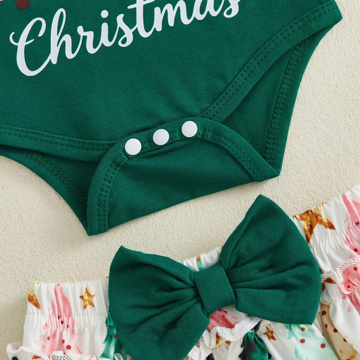 My First Christmas Arbolitos | Conjunto Navideño Verde Bebé Niña Falda Floral + Medias + Diadema