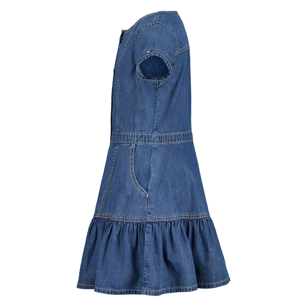 Tommy Hilfiger Vestido Denim Niña | Azul Medio • Manga Casquillo • Cuello Redondo • Volante Inferior • Bandera TH Bordada