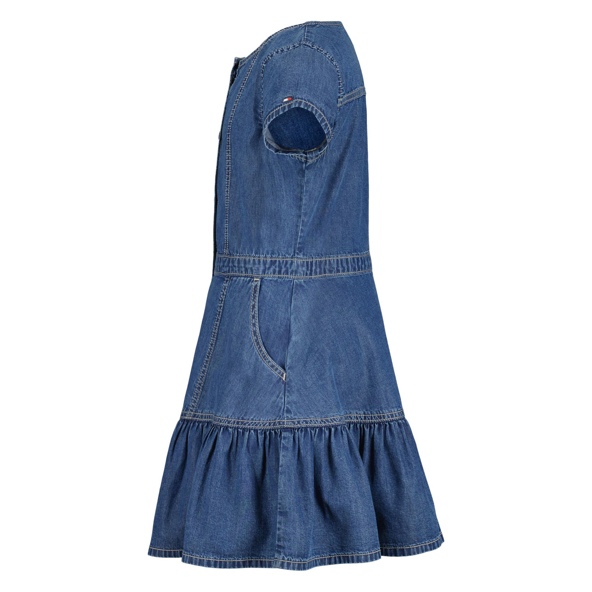 Tommy Hilfiger Vestido Denim Niña | Azul Medio • Manga Casquillo • Cuello Redondo • Volante Inferior • Bandera TH Bordada
