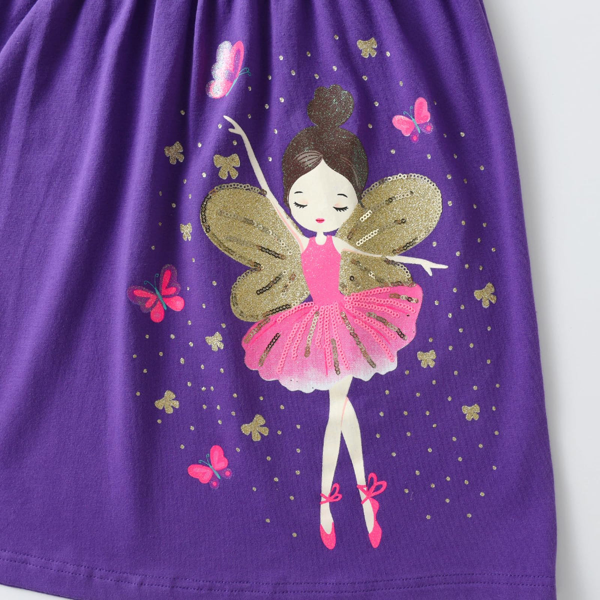 Vestido Niña DXTON | 95% Algodón + Hada Bailarina Alas Doradas + Manga Flutter Rayas Rosa/Morado | Violeta/Rosa (3-8 Años)