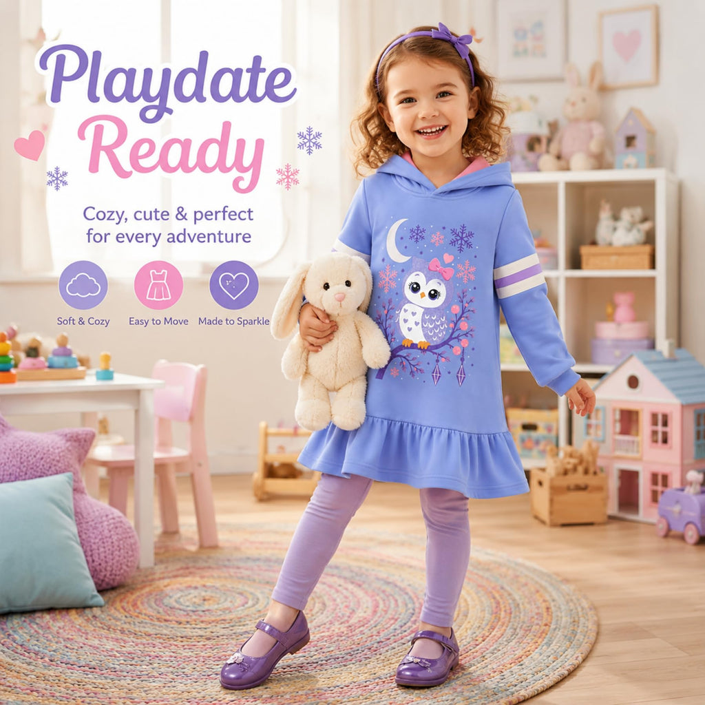 Vestido Hoodie de Búho para Niñas – Manga Larga Azul con Volante, Algodón (3 - 12T)
