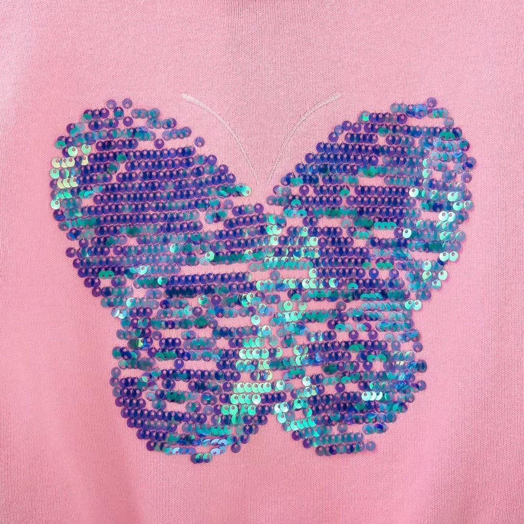Conjunto 2 Piezas para Niña: Suéter Rosa Mariposa de Lentejuelas Holográficas y Jeans Jogger con Mariposas Bordadas