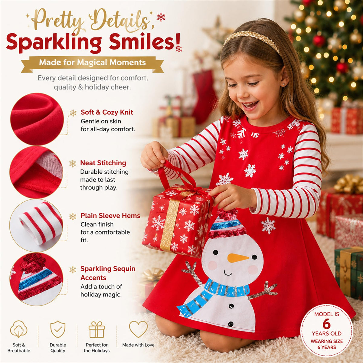 Vestido Navideño de Muñeco de Nieve para Niñas – Manga Larga a Rayas con Lentejuelas, Algodón (3 - 12T)