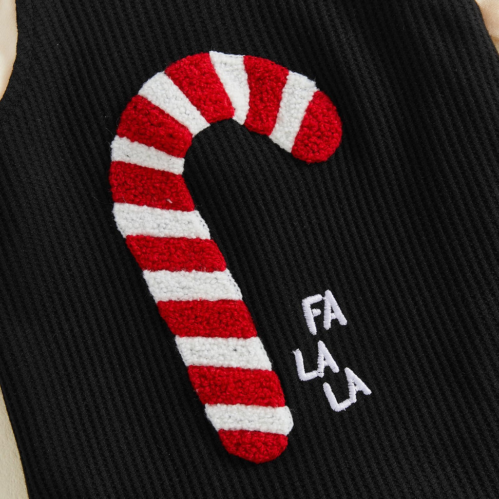 Fa La La Newborn Set | Conjunto 3 Piezas Bebé — Body Crema + Overol Negro + Bastón de Caramelo + Gorro Papa Noel