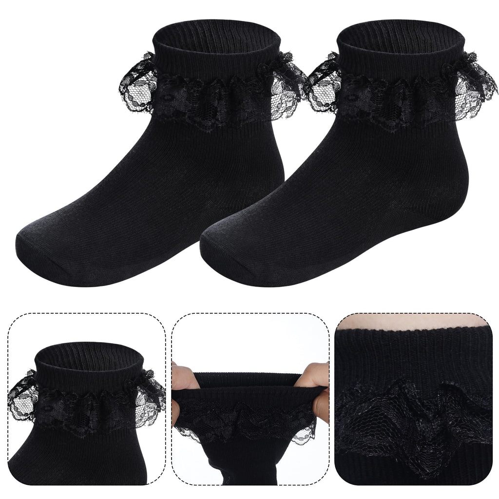 Pistha | Calcetines Nina Pack 3 Pares Volantes Encaje Doble Capa Negro Tobillero Algodon Princesa Uniforme Oscuro Boda (1 - 15T)