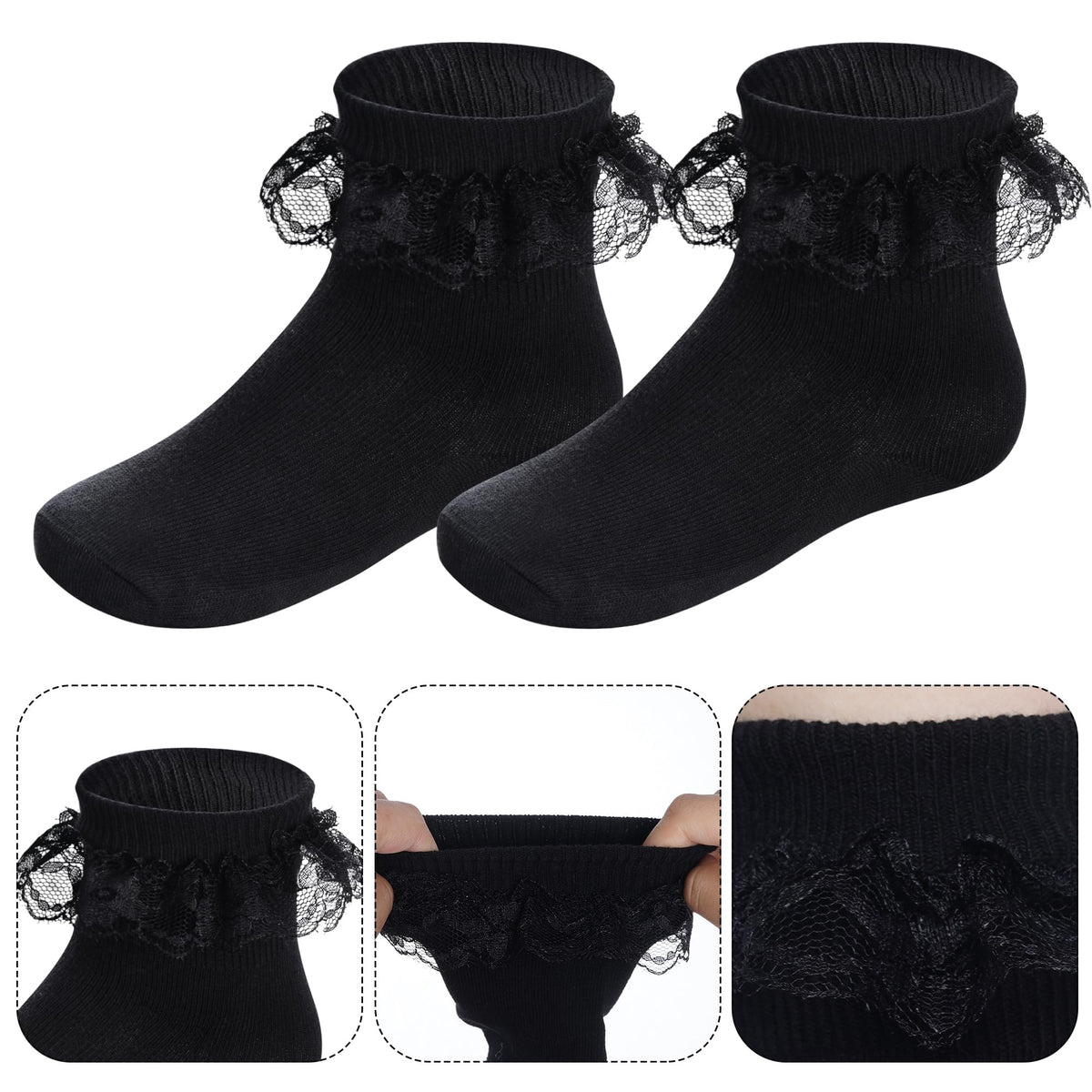 Pistha | Calcetines Nina Pack 3 Pares Volantes Encaje Doble Capa Negro Tobillero Algodon Princesa Uniforme Oscuro Boda (1 - 15T)