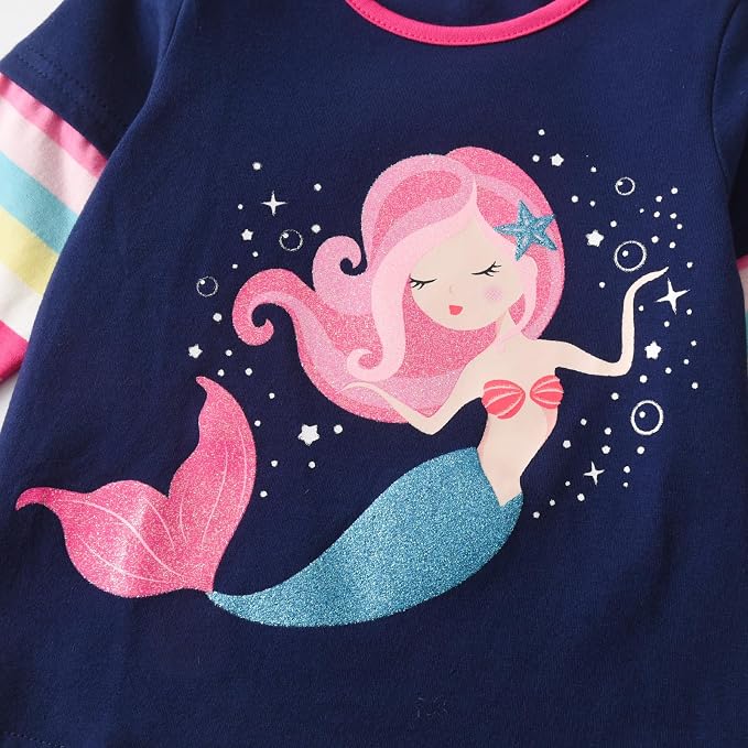 Top de Manga Larga con Sirena para Niñas – Azul Marino con Rayas Arcoíris Pastel, Algodón, 2-12 Años