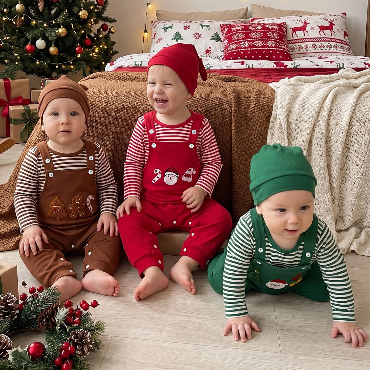 Santa Red Newborn Set | Conjunto 3 Piezas Bebé — Body Rayas Rojo + Overol Rojo + Papa Noel + Gorro Nudo