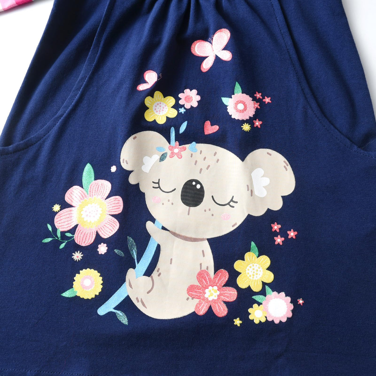 Vestido Niña ZJY | Algodón + Koala Bebé Floral + Mariposa + Corazones + Bolsillos | Navy/Arcoíris (3T - 8T)