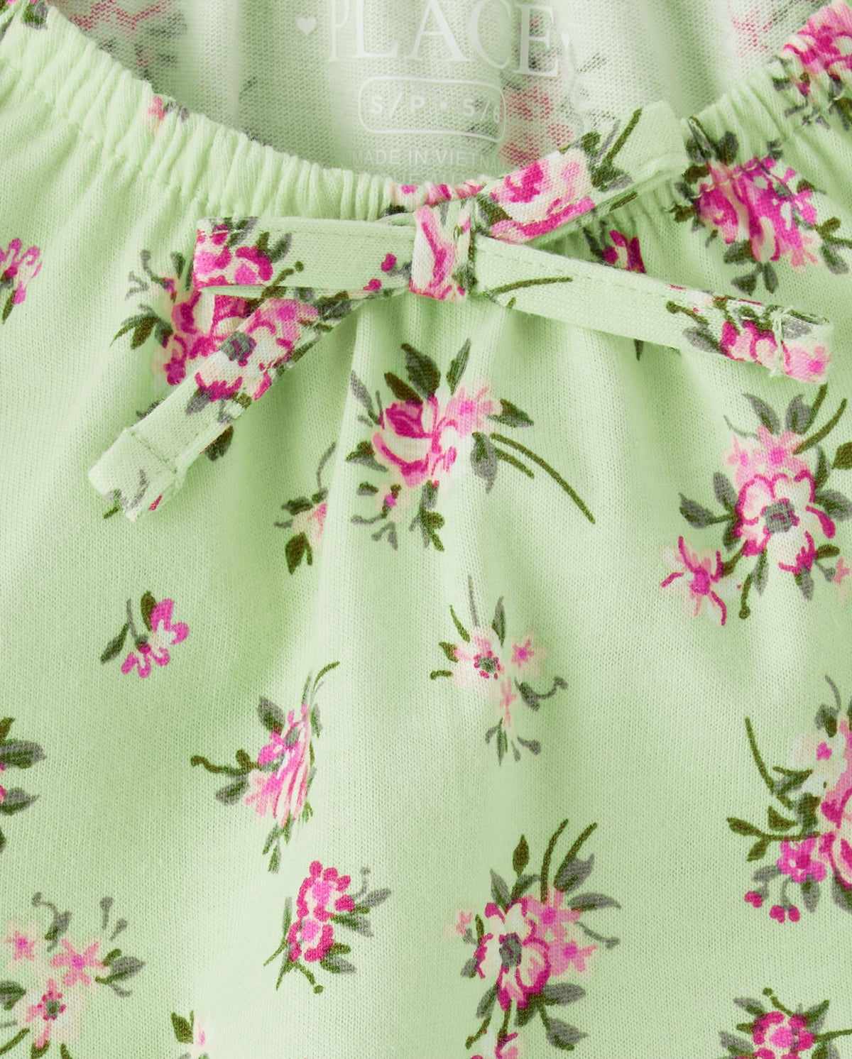 The Children's Place | Top Nina Manga Abullonada | 100% Popelina Algodon | Cuello Redondo Elastico | Dobladillo Inferior Fruncido Smocked | Floral Ditsy Rosa sobre Verde Menta (14 - 16T)