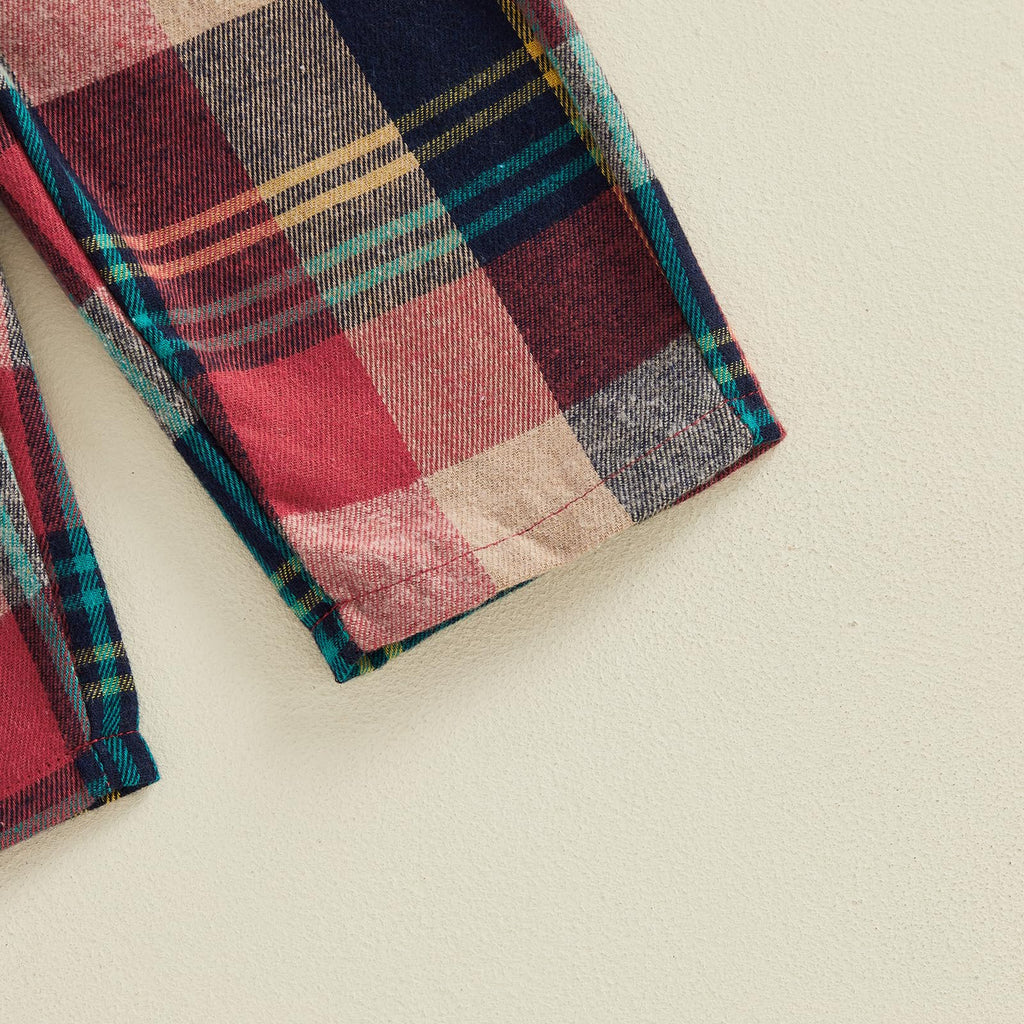 Santa Plaid Overol Navideño Niño | Peto Cuadros Rojo/Navy + Papa Noel Bordado + Tirantes Ajustables — Bebé y Niño