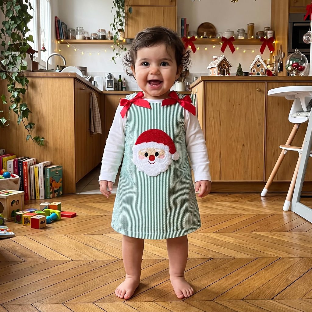 Santa Seersucker Green Girl | Vestido Rayas Verde/Blanco Niña — Sin Mangas + Cuello Redondo + Aplicación Papa Noel 3D + Lazos Rojos