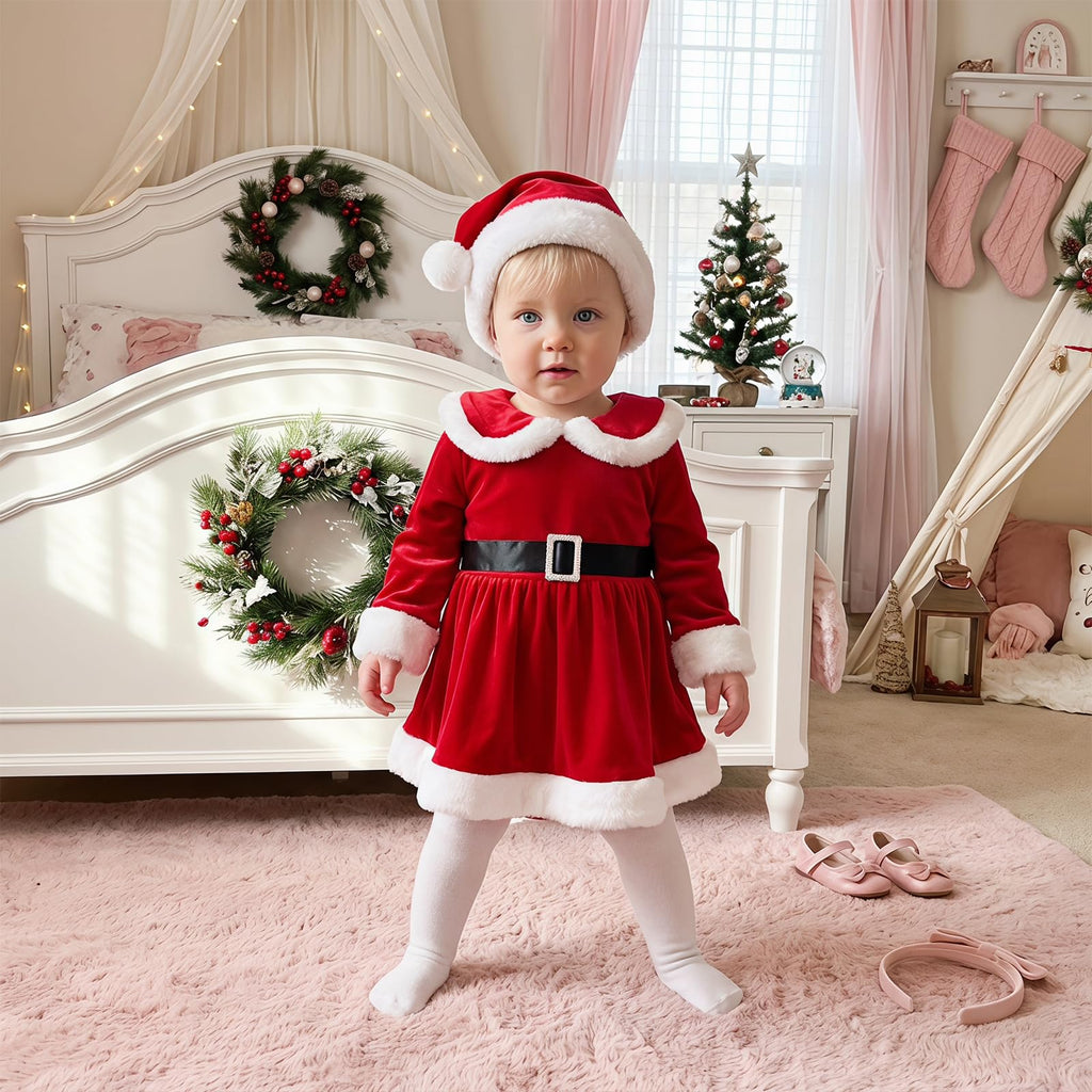 Bonangber | Mameluco Vestido Navideño Terciopelo Rojo Bebé Niña con Sombrero