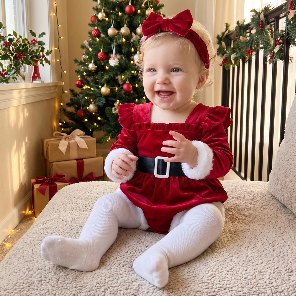 Santa Velvet Ruffle Romper | Body Terciopelo Rojo Bebé Niña — Escote Cuadrado + Mangas Volantes + Ribete Felpa + Diadema Moño