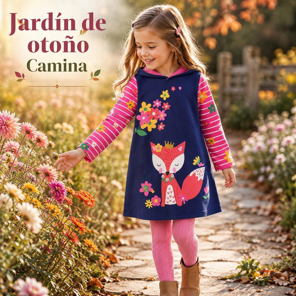 Vestido Hoodie de Zorro y Flores para Niñas – Manga Larga Azul Marino a Rayas, Algodón (3 - 12T)