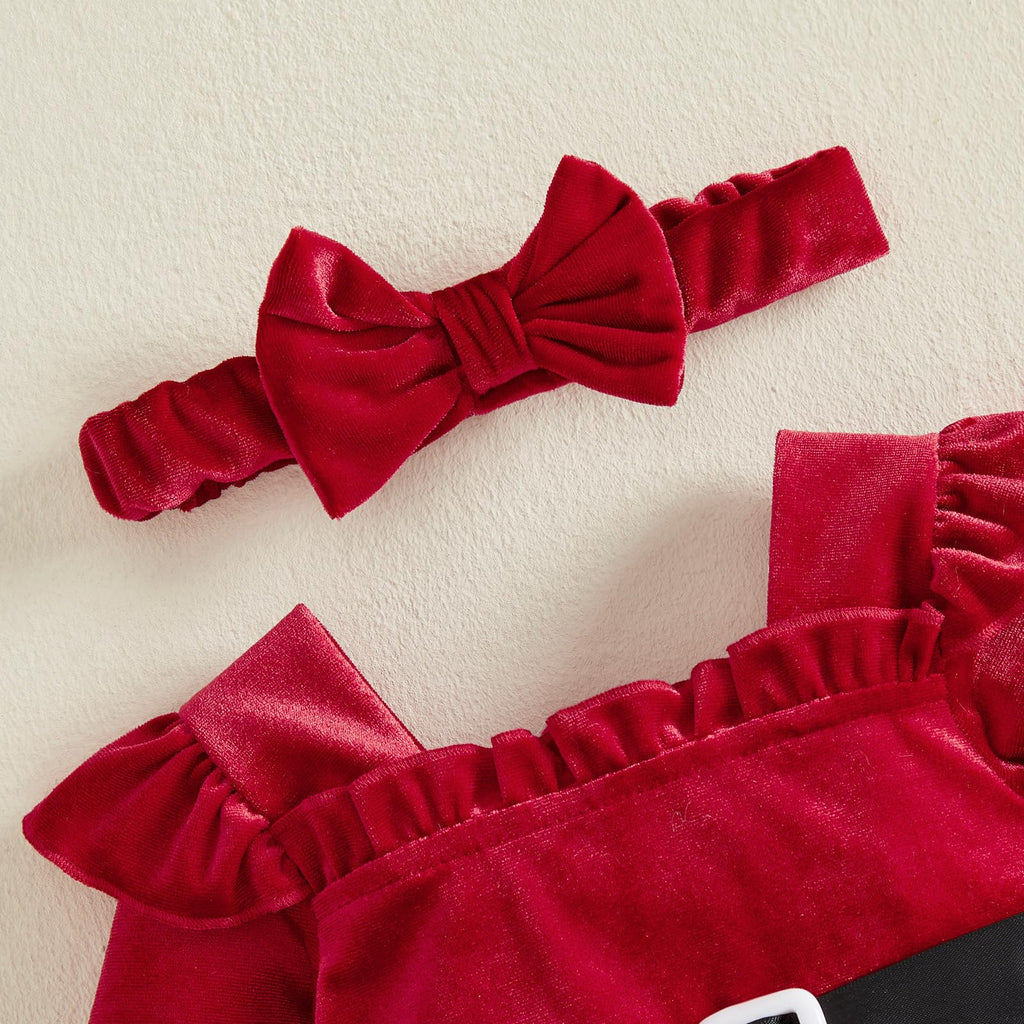 Santa Velvet Ruffle Romper | Body Terciopelo Rojo Bebé Niña — Escote Cuadrado + Mangas Volantes + Ribete Felpa + Diadema Moño