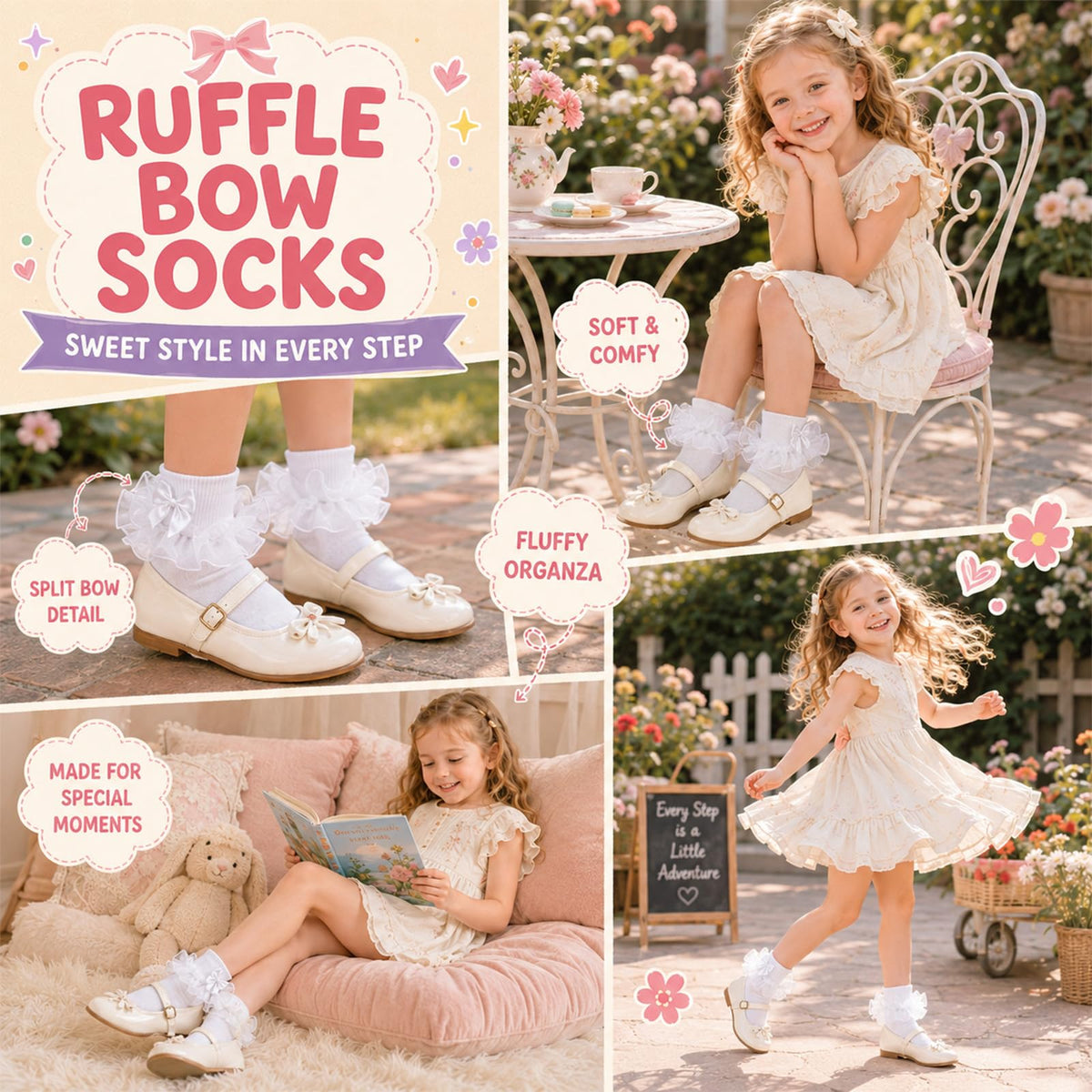 Calcetines Nina Volantes Encaje Tutu Doble Capa Lazo Cinta 3D Blanco Algodon Organza Princesa Uniforme Comunion Boda  (1 - 10T)