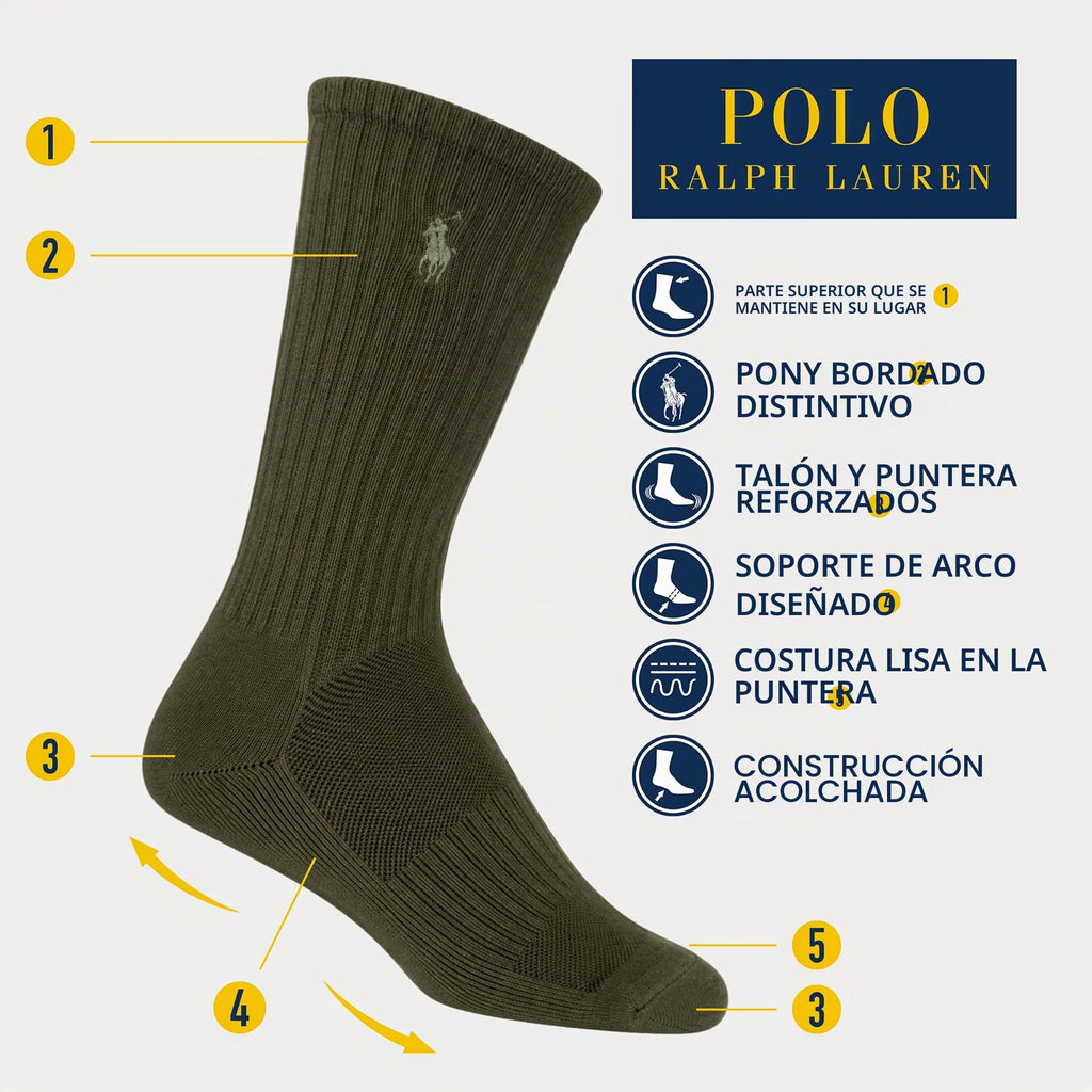 Polo Ralph Lauren | Calcetines Niño Pack 6 Algodón Tonos Tierra Oliva Marrón Beige Gris Carbón