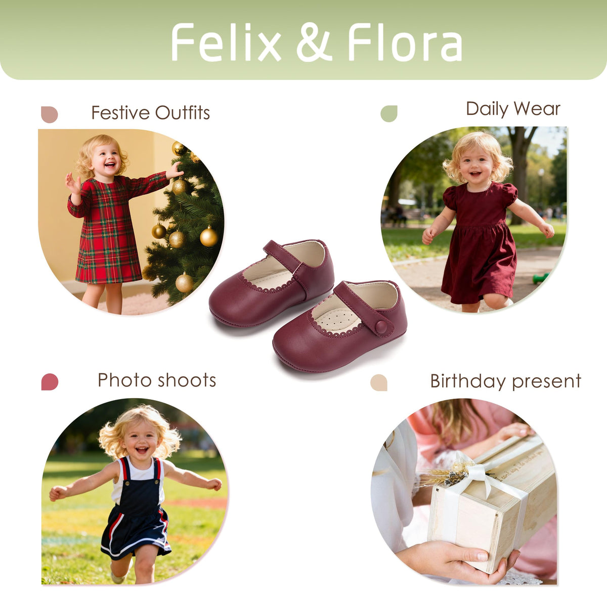 Zapatos de Vestir Antideslizantes de Suela Suave con Velcro para Bebé (Borgoña) – Félix & Flora
