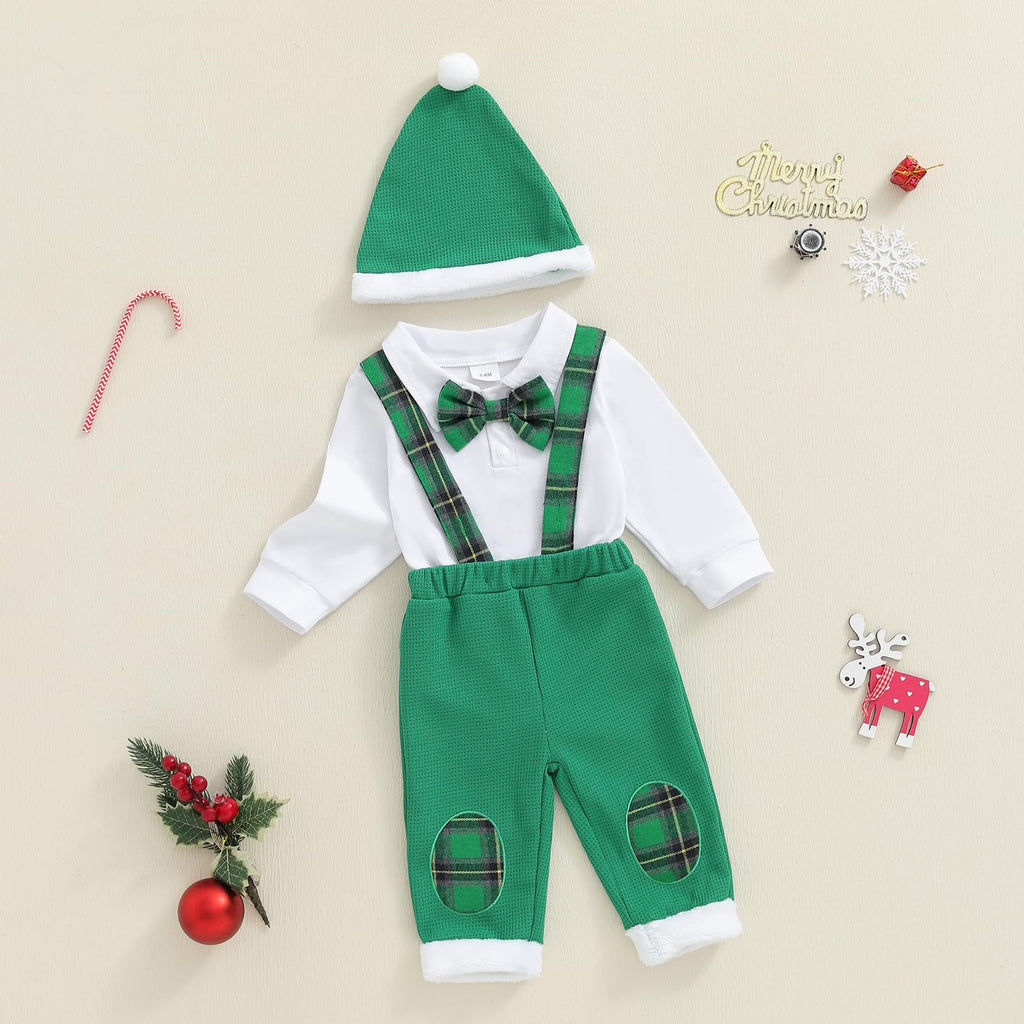 Little Gentleman Verde | Conjunto Navideño Bebé Niño Mameluco Blanco + Pantalon Tirantes Cuadros + Gorro