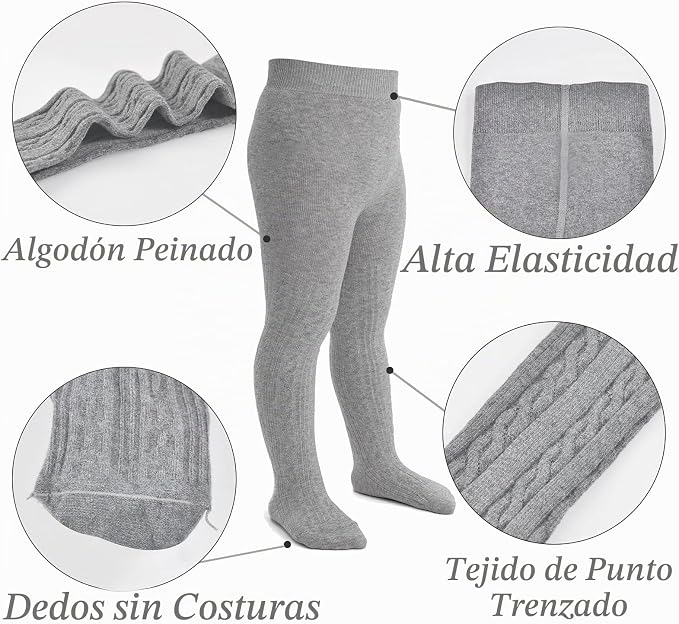 Pack 4 Mallas Punto Trenzado Cable Knit Mini Angel | Sin Costura + Algodón Peinado + Negro Blanco Rosa Gris | Bebé Niña 0-6 Años