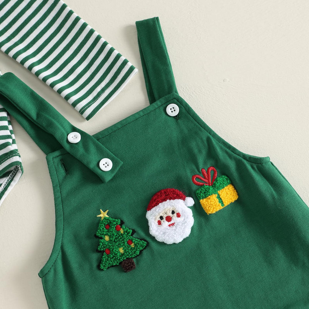 Christmas Green Newborn Set | Conjunto 3 Piezas Bebé — Body Rayas Verde + Overol Verde + Aplicaciones Navideñas + Gorro Nudo