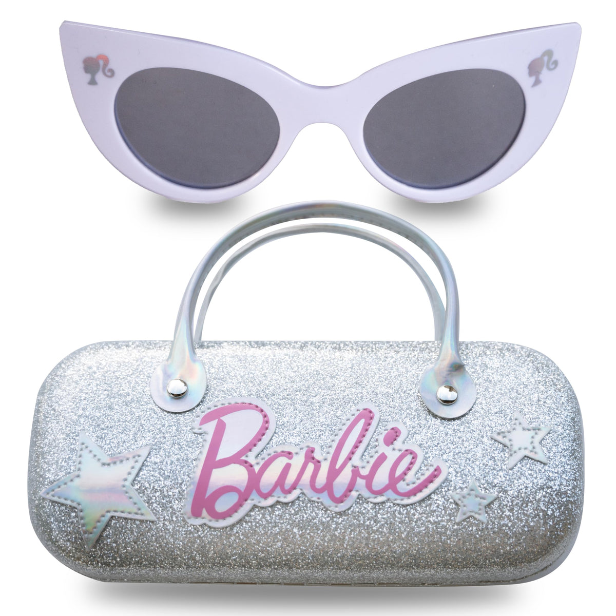 Set Barbie | Gafas de Sol Ojo de Gato Blancas con Estuche Glitter Plateado — Niñas
