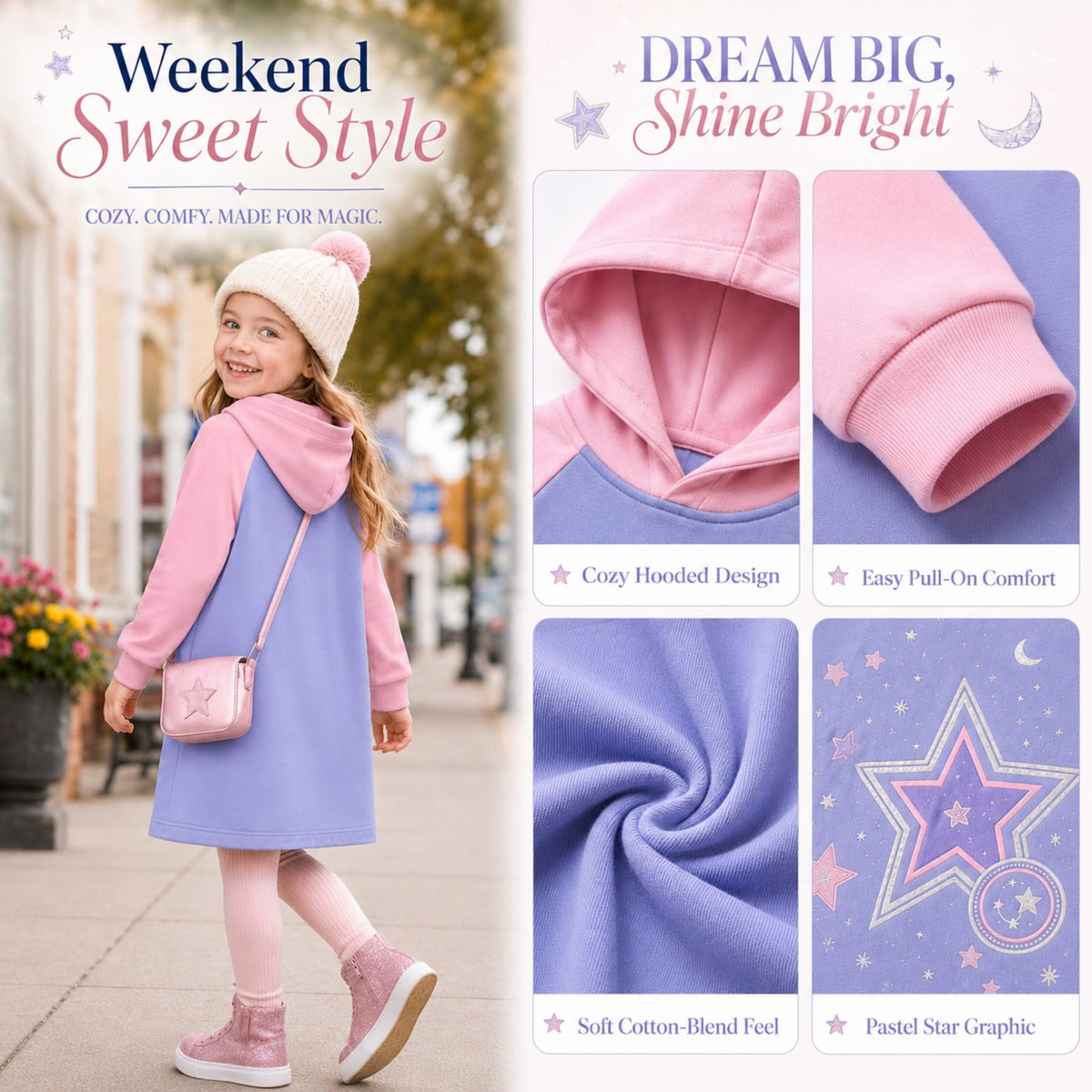 Vestido Hoodie de Estrellas para Niñas – Manga Larga Lila y Rosa, Algodón (3 - 12T)