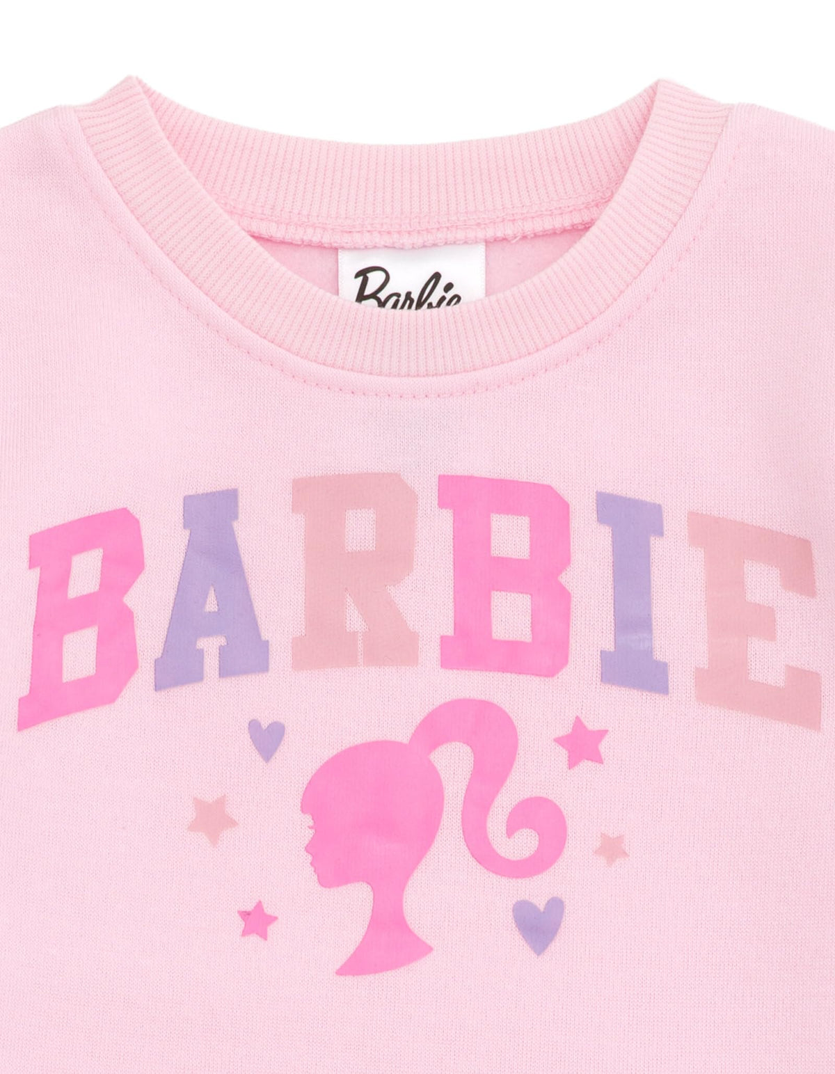 Barbie | Sudadera Nina Manga Larga | Cuerpo Algodon + Mangas Piel Sintetica Felpa Canales | Logo Universitario BARBIE Bicolor Rosa+Lila | Silueta Ponytail + Corazones + Estrellas | Cuello Redondo | Rosa Pastel (2,3,4,5, y 14-16T)