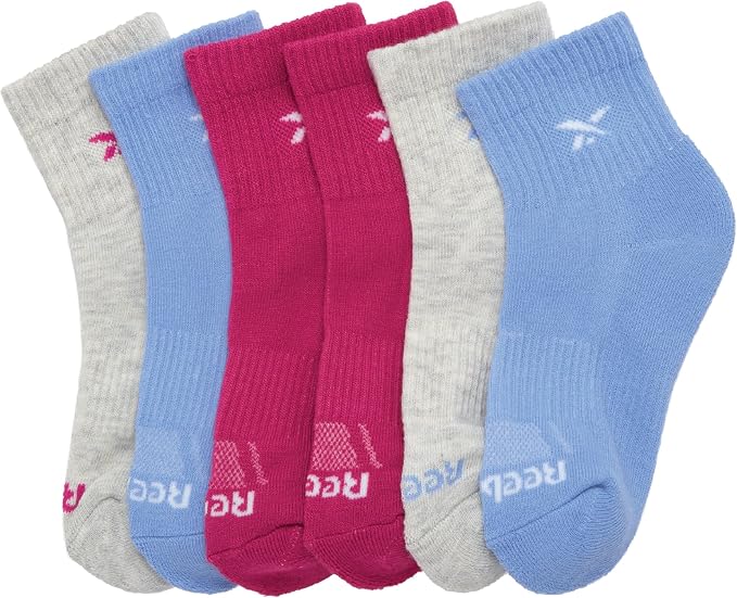 Reebok | Calcetines Niña Pack 6 Pares Quarter Colores Sólidos Surtido Gris Azul Fucsia Vector Reebok Blanco Absorbe Humedad  (4-12T)
