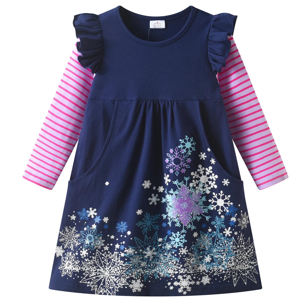 Vestido Niña DXTON | 95% Algodón + Copos de Nieve Multicolor + Manga Flutter Rayas Rosa/Navy | Navy/Rosa Navidad (3-8 Años)