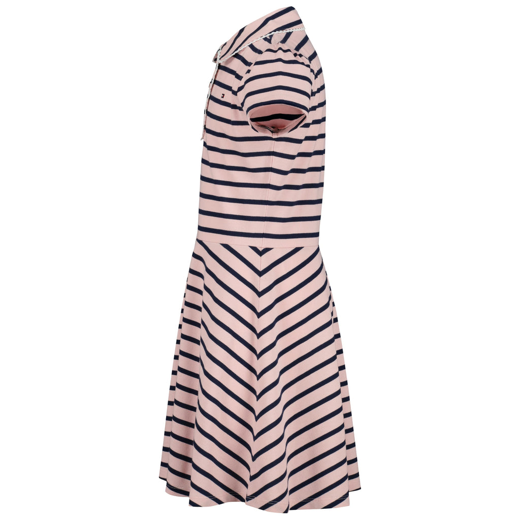 Tommy Hilfiger Vestido Polo Piqué Niña | Rayas Breton Rosa/Navy • Cuello Polo Ribete Picot • Falda Plisada