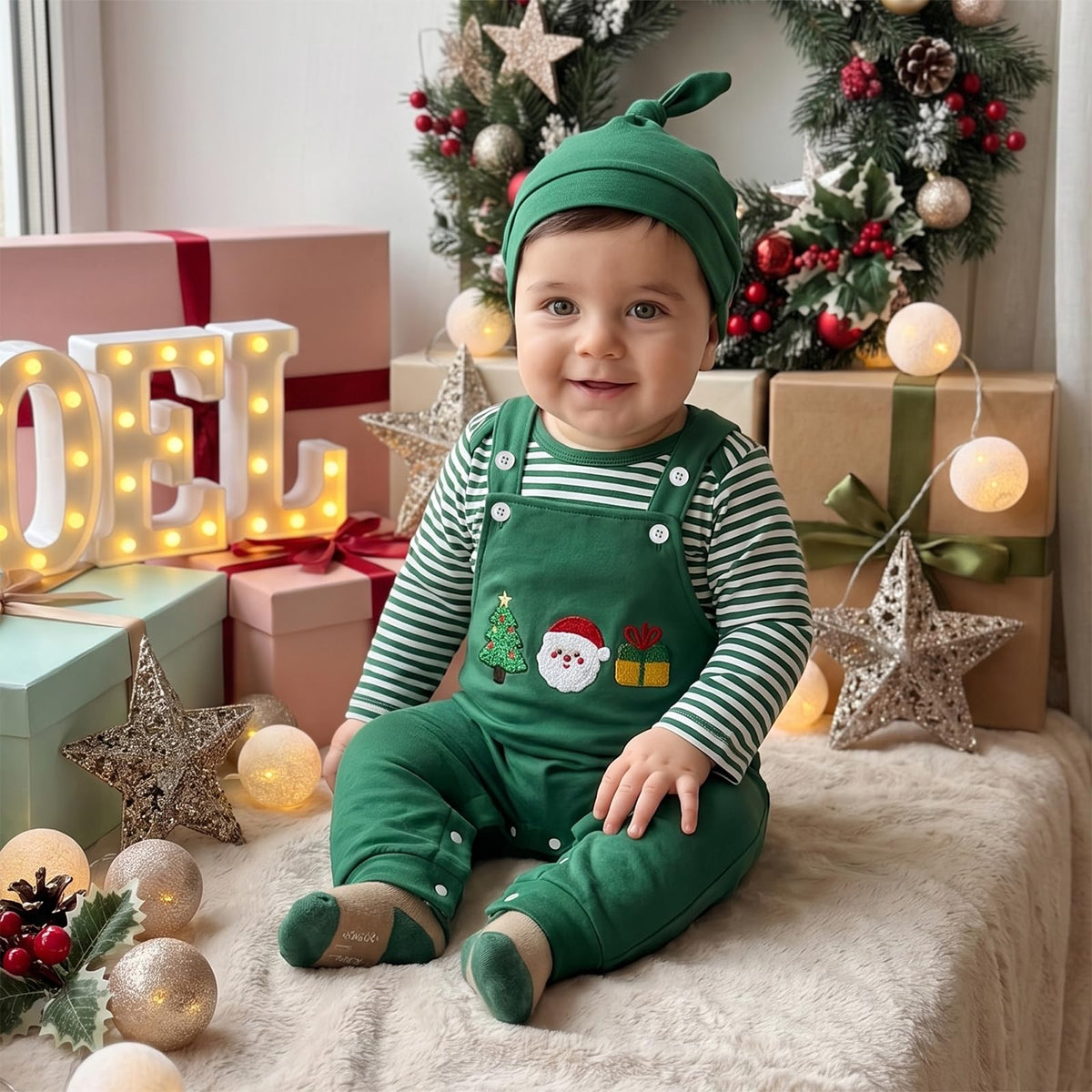 Christmas Green Newborn Set | Conjunto 3 Piezas Bebé — Body Rayas Verde + Overol Verde + Aplicaciones Navideñas + Gorro Nudo