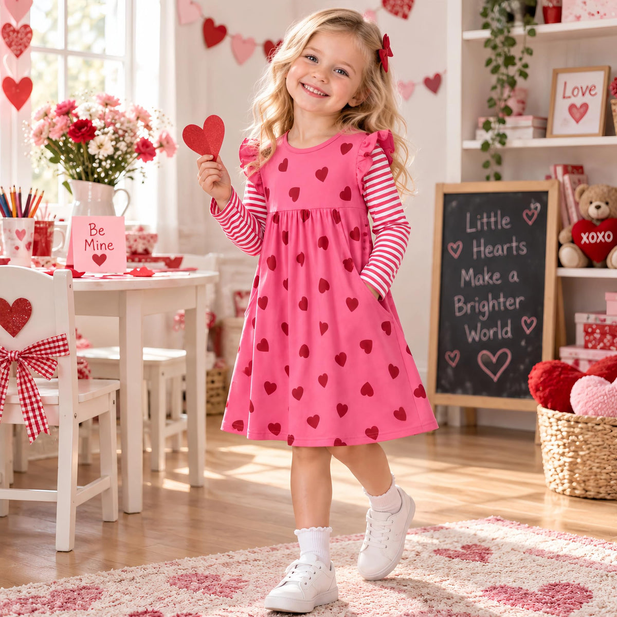 Vestido Niña | Algodón + All-Over Corazones Rojos + Manga Flutter Rayas Fucsia/Blanco + Bolsillos | Fucsia (3T - 8T)