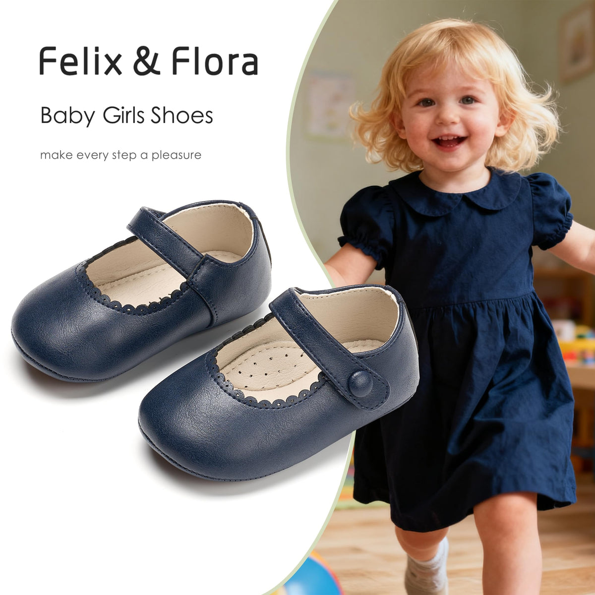 Zapatos de Vestir Antideslizantes de Suela Suave con Velcro para Bebé (Azul Marino) – Félix & Flora