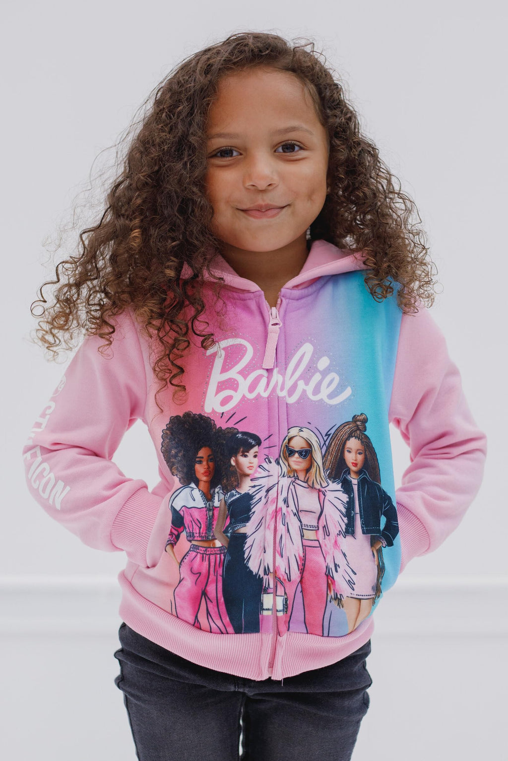 Sudadera con Capucha y Cremallera Barbie Oficial | Felpa Francesa + Degradado Rosa Azul + Gráfico 4 Amigas | Niña (2T - 16T)