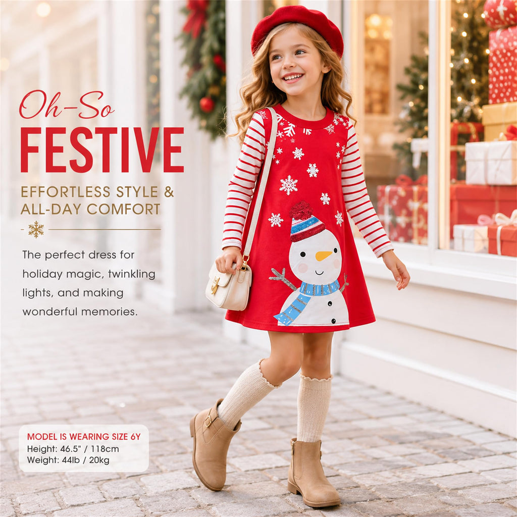 Vestido Navideño de Muñeco de Nieve para Niñas – Manga Larga a Rayas con Lentejuelas, Algodón (3 - 12T)