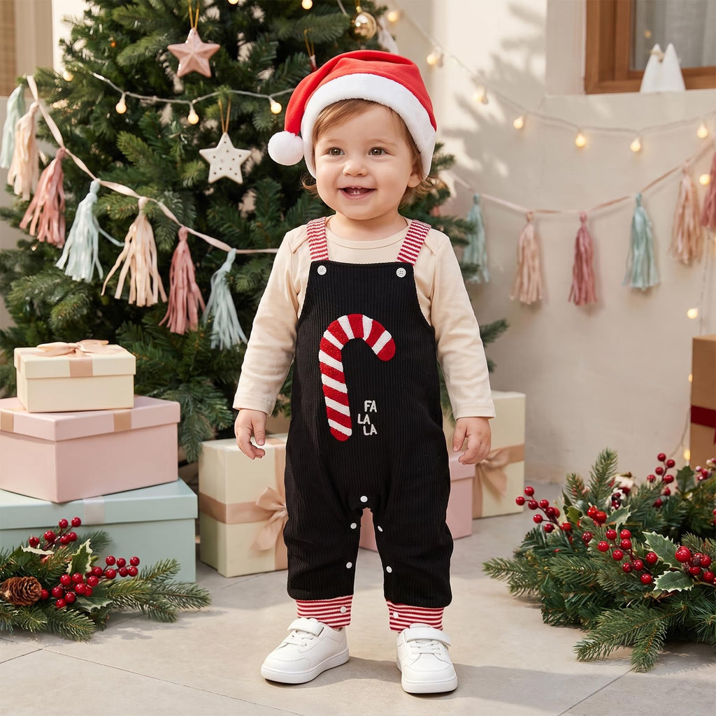 Fa La La Newborn Set | Conjunto 3 Piezas Bebé — Body Crema + Overol Negro + Bastón de Caramelo + Gorro Papa Noel