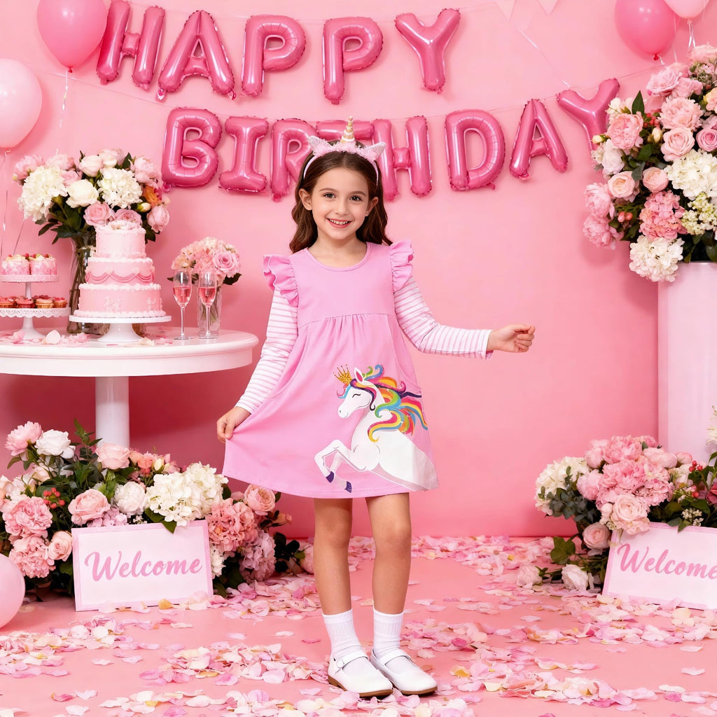 Vestido Niña  | Algodón + Unicornio Arcoíris Cuerpo Completo + Corona Dorada + Bolsillos | Rosa Pastel Flutter (3T - 8T)