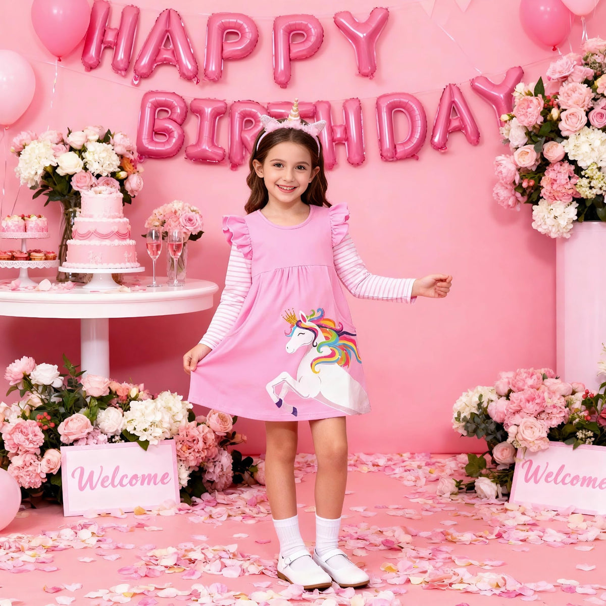 Vestido Niña  | Algodón + Unicornio Arcoíris Cuerpo Completo + Corona Dorada + Bolsillos | Rosa Pastel Flutter (3T - 8T)