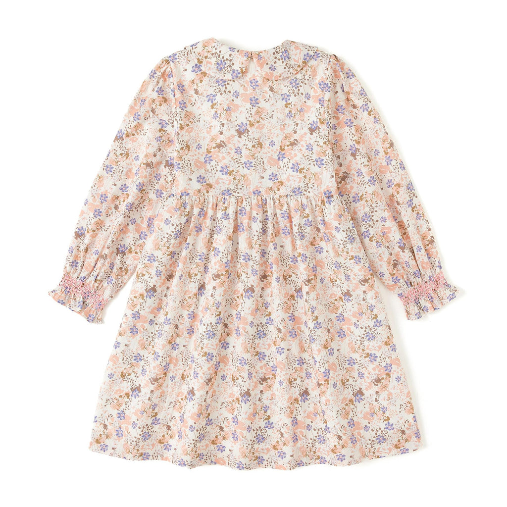 Vestido de Manga Larga 100% Algodón con Cuello con Volantes y Estampado Floral en Tonos Rosados para Niña (B-rosa-amarillo) (12M - 8T)